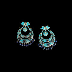 Silver Enamel Chandbali Earrings with Blue Stones