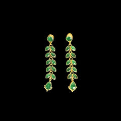 A stunning pair of cascading earrings featuring lush green emerald-like stones set in a delicate gold-tone vine design