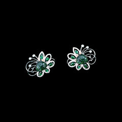 Silver Green Stone Floral Stud Earrings with Diamond Halo