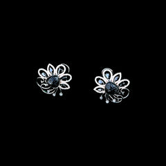 Silver Dark Stone Floral Stud Earrings with Diamond Halo