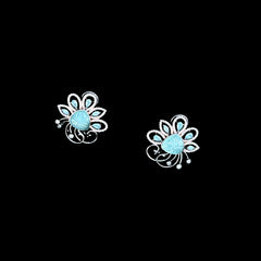 Silver Light Blue Stone Floral Stud Earrings with Diamond Halo
