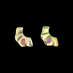 Gold Abstract Stud Earrings with Pink Stone