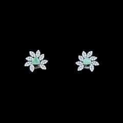 White Gold Light Green Stone Floral Stud Earrings