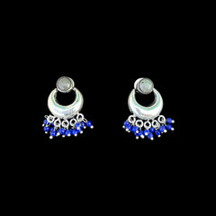 Silver Chandbali Earrings with Light Stone & Blue Beads