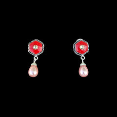 Silver Red Enamel & Pink Pearl Drop Earrings