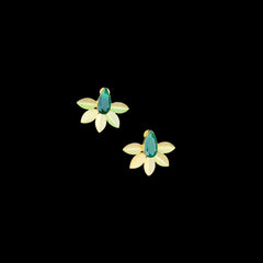 Gold Floral Stud Earrings with Green Stone