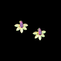 Gold Floral Stud Earrings with Pink Stone