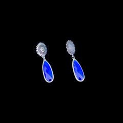 Silver Floral Dangle Earrings with Blue Stone