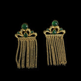 Exuding a regal aura, these earrings showcase a crown-like gold motif adorned with deep blue gemstones and cascading gold chains. The intricate detailing adds to their luxurious appeal.