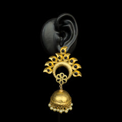 Gold Peacock Jhumka Earrings with Black Stones & Pearls