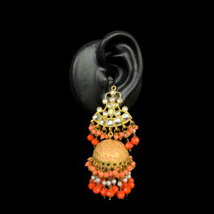 Gold Kundan & Coral Jhumka Earrings with Pearls