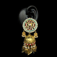Gold Enamel Jhumka Earrings with Pearls & Coral