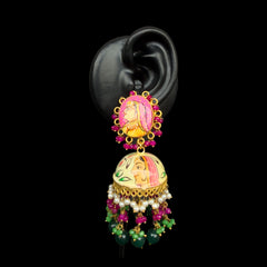 Gold Enamel Portrait Jhumka Earrings with Beads & Pearls
