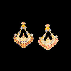 Gold Enamel Chandbali Earrings with Red & Blue Stones