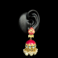 Gold Enamel Jhumka Earrings with Pearl Dangles