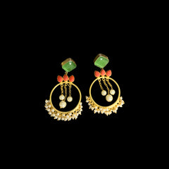 Gold Drop Earrings with Green & Pink Stones & Pearls