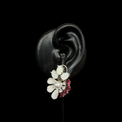 Silver Floral Stud Earrings with Pearl & Ruby Stones