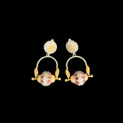 Silver & Gold Dangle Earrings with Ruby Stone