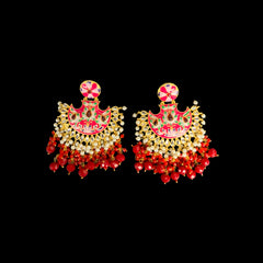 Gold Enamel Chandbali Earrings with Red & White Beads