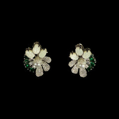 Silver Floral Stud Earrings with Pearl & Green Stones