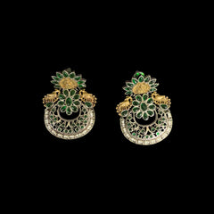 Oxidized Silver Green Stone Chandbali Earrings with Peacock Motifs