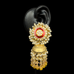 Gold Enamel Jhumka Earrings with Pearls & Yellow Beads
