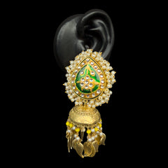 Gold Enamel Teardrop Jhumka Earrings with Pearls & Yellow Beads