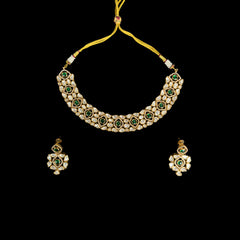 Matte Gold-Plated Kundan & Emerald Choker Necklace Set