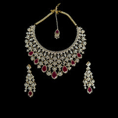 American Diamond Gold-Plated Ruby Bridal Necklace Set