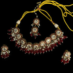 Gold-Plated Kundan Styled Maroon Necklace Set with Maang Tikka