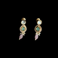 Kundan Pastel Drop Earrings with Green, Rose & Crystal Accents