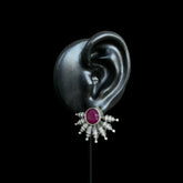 Antique Silver Oxidized Stud Earrings with Ruby Accent