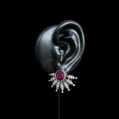 Antique Silver Oxidized Stud Earrings with Ruby Accent