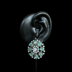 Mint Green Floral Oxidised Stud Earrings