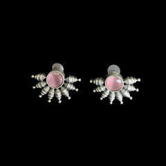 Oxidised Silver Tribal Stud Earrings with Pink Stone Center