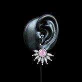 Oxidised Silver Tribal Stud Earrings with Pink Stone Center