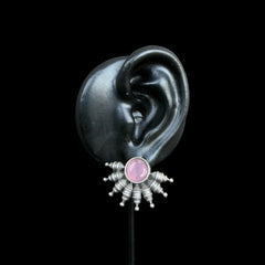Oxidised Silver Tribal Stud Earrings with Pink Stone Center