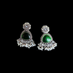 Oxidized Silver & Green Stone Chandbali Earrings