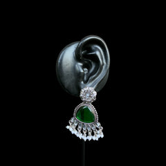 Oxidized Silver & Green Stone Chandbali Earrings