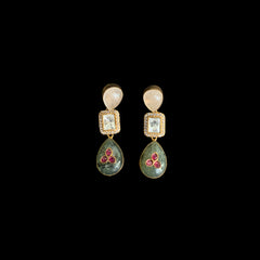 Mint Pink Kundan Earrings with Semi-Precious Rose Quartz, Jade Drops & Ruby Floral Motif