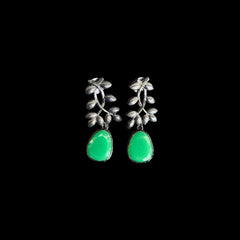 Green Stone Leafy Branch Oxidised Earrings