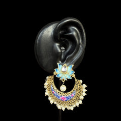 Inspired by the purity of the lotus flower, these intricately designed earrings feature a gold base with detailed enamel work in shades of blue, pink, and gold. A pearl drop adds a touch of elegance.