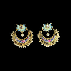 nspired by the purity of the lotus flower, these intricately designed earrings feature a gold base with detailed enamel work in shades of blue, pink, and gold. A pearl drop adds a touch of elegance.