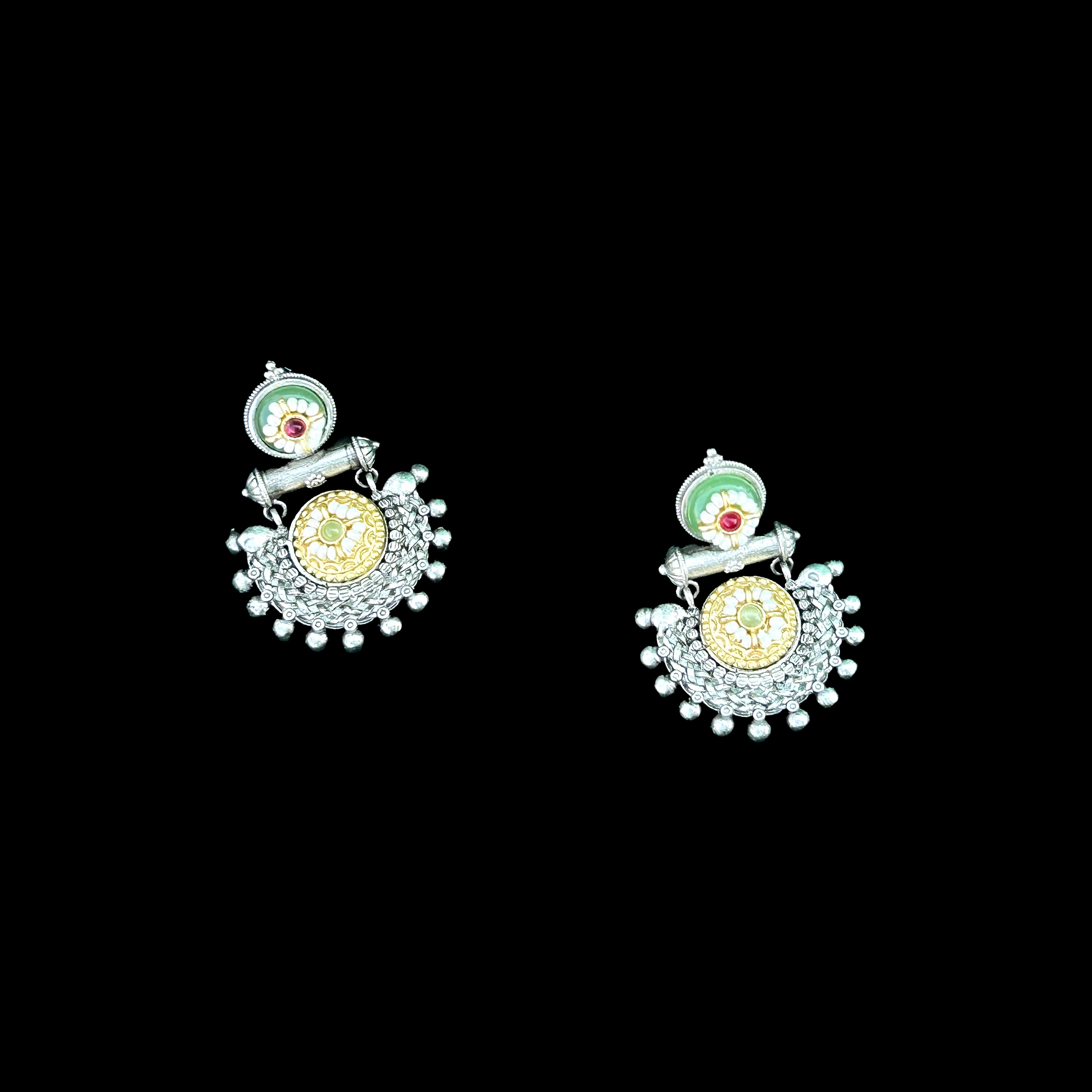 Silver & Gold Round Dangle Earrings with Ruby & Green Stones