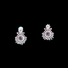 Silver Red Stone Circular Stud Earrings with Dangles