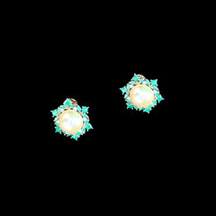 Pearl Stud Earrings with Aquamarine Halo