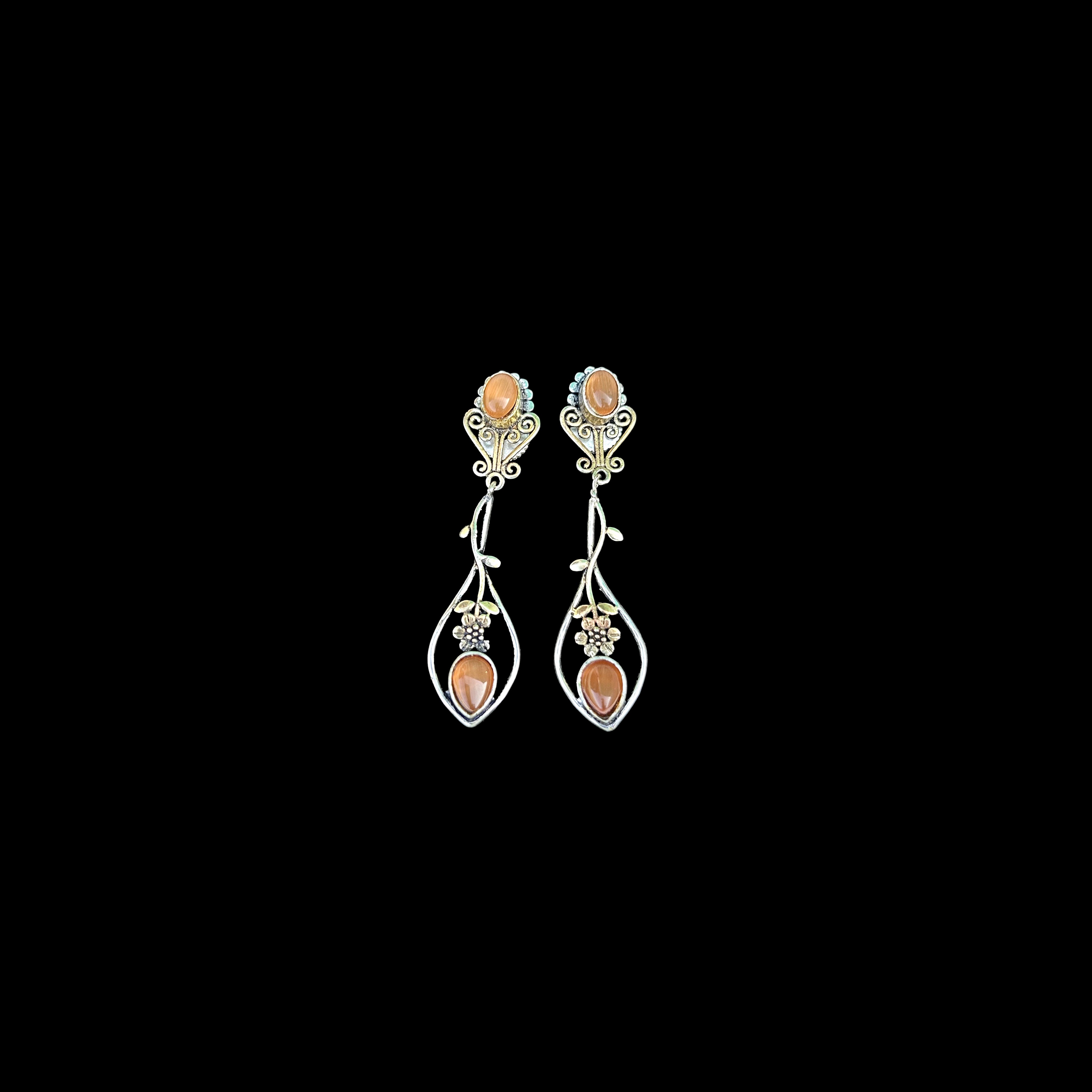 Silver Dangle Earrings with Orange & White Stones