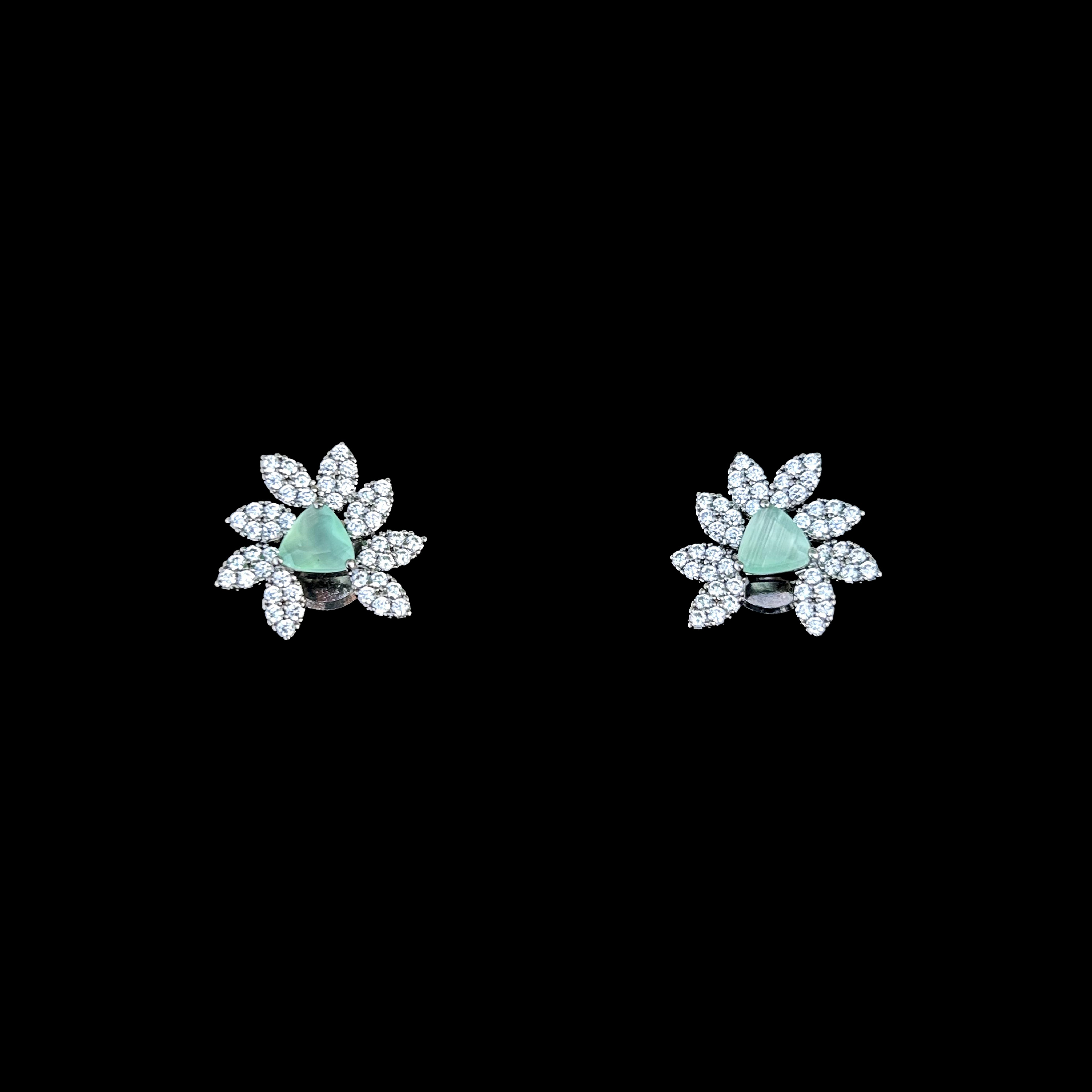 White Gold Light Green Stone Floral Stud Earrings