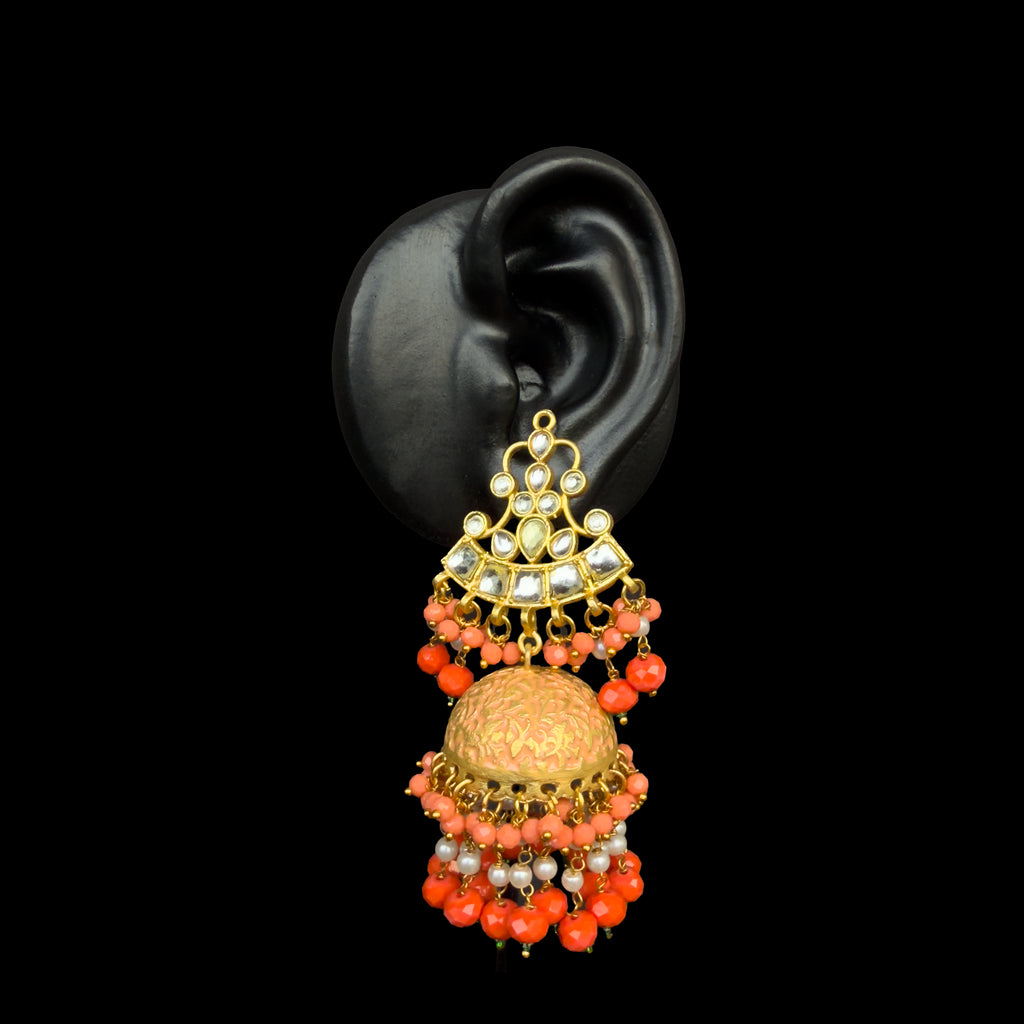 Gold Kundan Coral Jhumka Earrings with Pearls – - Main Image