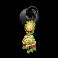 Gold Enamel Portrait Jhumka Earrings with Beads & Pearls